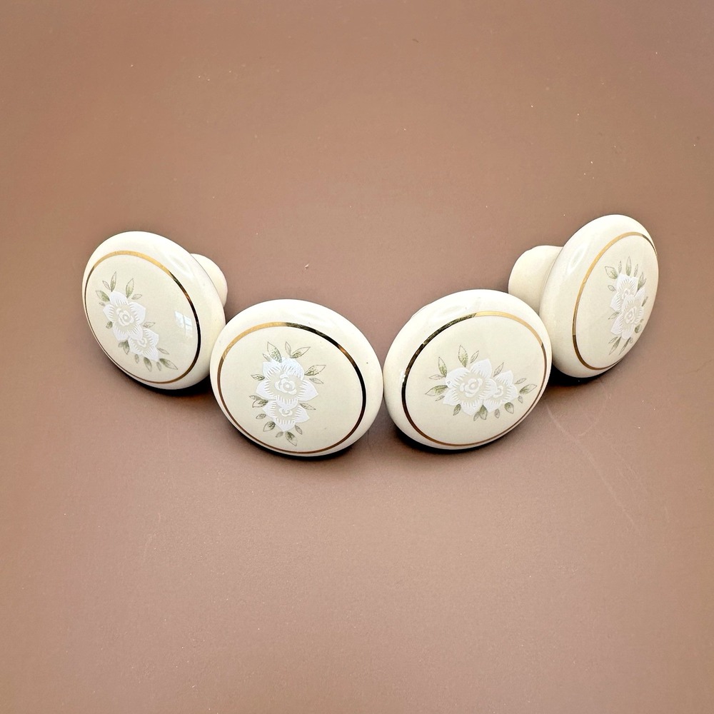 Vintage Floral Ceramic Cabinet Knobs Set of 4 Ivory Gold 1.5" Drawer Pulls
